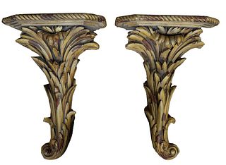 Pair of Large Carved Giltwood Wall Brackets, early 20th c., the hexagonal gadrooned top over a carved tapered scrolled back plate, H.- 21 in., W.- 14 