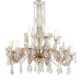 Maria Theresa Style Crystal Fifteen Light Chandelier, 20th c., with a baluster cut glass support issuing fifteen glass and brass arms with prism hung 