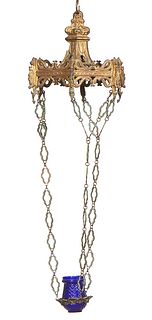 Ecclesiastical Brass Hanging Lamp, the pierced brass canopy suspending three rectangular link chains, to a bottom blue glass candle shade, H. 31 in., 