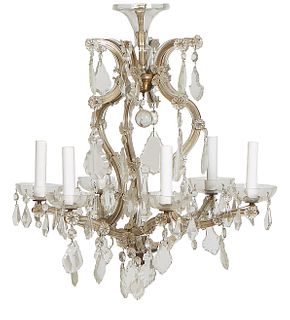 Louis XV Style Brass Six Light Chandelier, 20th c., with a glass clad support issuing six glass curved arms, three with two lights each, hung with pen