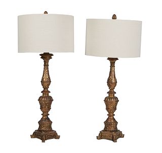 Pair of Carved Giltwood Columnar Lamps, 20th c., with a knopped support, to a shaped square base on corner splayed relief legs, H.- 25 in., W.- 6 in.,