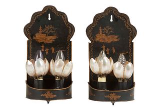 Pair of Chinoiserie Gilt Decorated Tole Two Light Sconces, early 20th c., of demilune form with an arched figural and landscape gilt decorated back, e