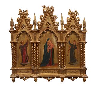 Italian Renaissance Style Religious Triptych of Madonna and Child and Two Heralding Angels, 20th c., oil and gold leaf on panel, with a written inscri