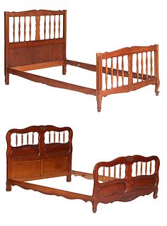 Pair of French Louis XV Style Carved Cherry Three Quarter Beds, 20th c., the serpentine spindled headboard, to wood rails and a like lower footboard, 