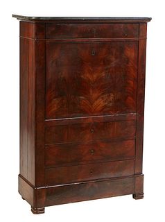 French Louis Philippe Carved Walnut Secretary Abattant, 19th c., the rounded corner figured black marble over a fall front secretary, over three deep 