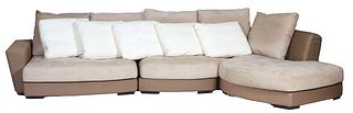 Roche Dobois Woven Fabric and Ultrasuede Sectional Sofa, with an angled back, and a double row of ultra-suede loose cushions, woven fabric base, H.- 2