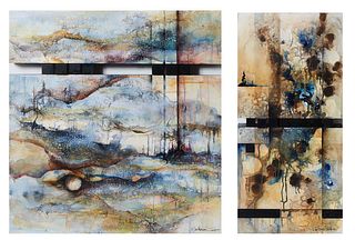 Kim Howes Zabbia (Louisiana, 20th/21st c.), "Venture" and "Duality," 2015, pair of acrylics and rice paper on panels and wood, both signed lower right