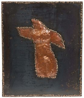 American School, "Female Torso," 2002, hand hammered copper mounted on an iron backing with an applied thin relief brass border, signed "RDR," and dat