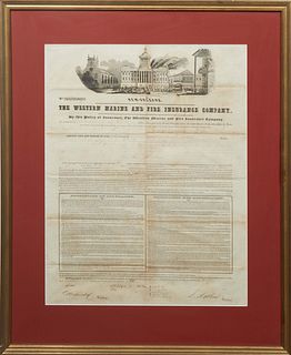 New Orleans Insurance Certificate, 1844, for the Western Marine and Fire Insurance Company, for the heirs of Thomas Bibb, presented in a gilt frame wi