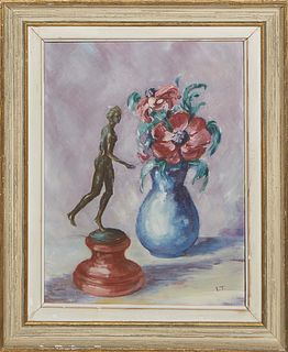 French School, "Still Life of Sculpture and Flowers," 20th c., oil on board, initialed lower right, presented in a white painted frame, H.- 11 1/4 in.