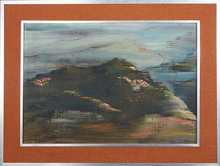 Stelio Scamanga (Syria/France, 1934-2021), "Abstracted Mountains," 20th c., oil on canvas, signed lower right, presented in an orange burlap mat and m