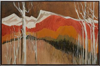Conrad Buff (California/Switzerland, 1886-1975), "Untitled (Mountain Landscape with Bare Birch Trees)," oil on panel, signed mid left, presented in a 