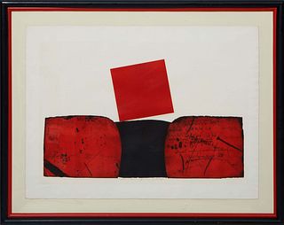 Janez Bernik (Slovenia, 1933-2016), "Abstract in Red and Black with Cursive Writing," 1966, color lithograph on paper, editioned 12/50, pencil signed,