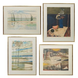 Rene Genis (French, 1922-2004), "Bouquet et Melon," "By the Shore," "Sail Boats," three color lithographs, edition of 120, all pencil-signed and numbe