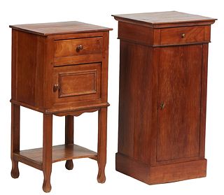 Two Carved Cherry and Walnut Nightstands, early 20th c., one of Louis Philippe Style, the rectangular top over a setback frieze drawer and a long cupb