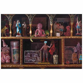 ELENA CLIMENT, Ropero colonial con objetos, Firmado y fechado 95, Óleo sobre tela sobre madera, 24.5 x 35.5 cm, Con certificado