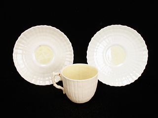 SMALL BELEEK TEA CUP & TWO SAUCERS 