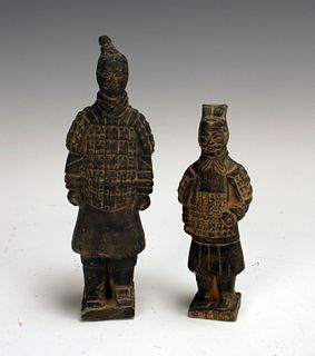 TWO SMALL TERRACOTTA WARRIORS STYLE CARVINGS 