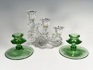 PRESSED GLASS PAIR GREEN CANDLESTICKS, CLEAR CANDLE HOLDER