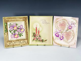 THREE VINTAGE GREETING CARDS DATED 1947 - 1949 IN BOX