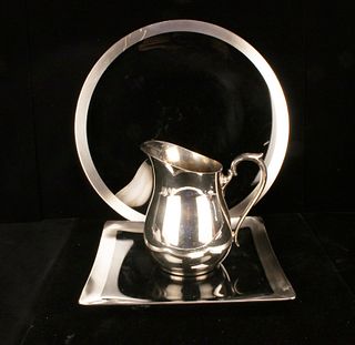 TWO SILVER RIMMED TRAYS & ROGERS PITCHER