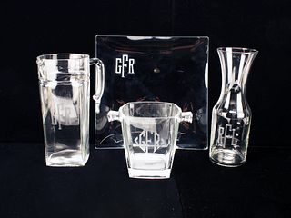 FOUR PIECE MONOGRAMMED GLASS BAR SET