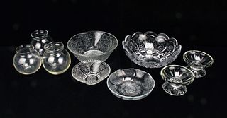 ASSORTED PRESSED GLASS AND BOWLS CUPS VASES