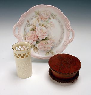 ROSE VASE, CAKE PLATE AND MUSIC BOX