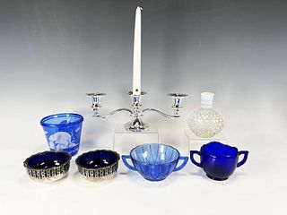 BLUE GLASSWARE AND SILVER CANDLE STICK