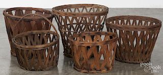 Five primitive gathering baskets, ca. 1900, tallest - 13''.