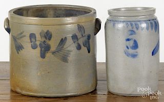 Pennsylvania stoneware crock, 19th c., three-gallon, with cobalt floral decoration, 10'' h.