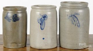 Three Pennsylvania stoneware jars, 19th c., with cobalt floral decoration, 11 1/4'' h. and 12'' h.