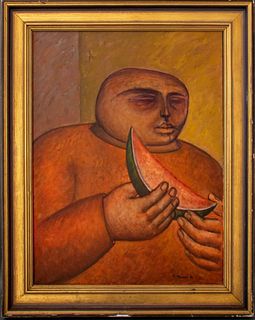 Arnaldo Miccoli "Man with Melon" Oil on Canvas