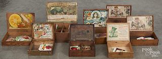 Eight wooden seed boxes, ca. 1900, one for Hiram Sibley & Co., two for D. M. Ferry & Co.