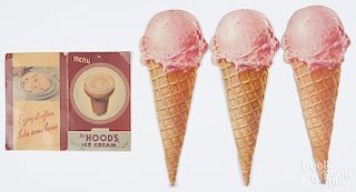 Seven cardboard ice cream advertising signs, 20th c., to include a menu for Hood's Ice Cream
