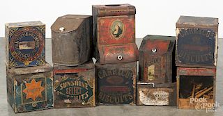 Ten tin advertising store bins, ca. 1900, tallest - 12 1/2''. Provenance: Barbara Hood