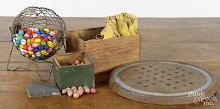 Marbles, 20th c., mostly clay, together with a painted wood marble board, marble bags