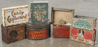 Four advertising tins, 20th c., together with three candy boxes and a glass top Chiclets box