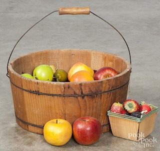 Wooden bail handle bucket, ca. 1900, with a collection of plastic fruit, 6 3/4'' h., 14'' dia.