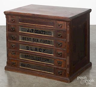 J. & P. Coats walnut spool cabinet, late 19th c., with six drawers, 20 1/2'' h., 24 1/2'' w.
