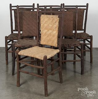 Set of six branded Old Hickory Adirondack twig dining chairs, early 20th c., seat - 18'' h.