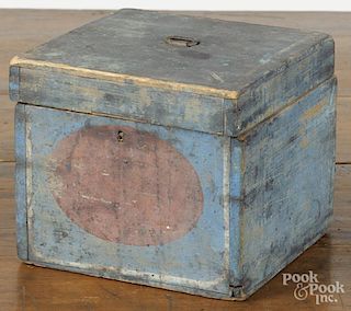 Painted pine storage box, 19th c., retaining an old red and blue surface, 6'' h., 7'' w.