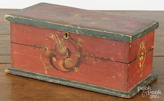 Painted pine document box, 19th c., retaining the original red and green surface