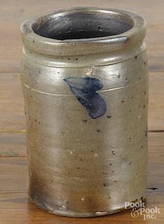 Small Pennsylvania stoneware canning jar, 19th c., with a small cobalt foliate spray