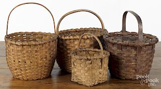 Four splint gathering baskets, 19th c., with fixed handles, tallest - 11''.