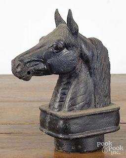 Cast iron horse head hitching post cap, ca. 1900, 10 1/4'' h.
