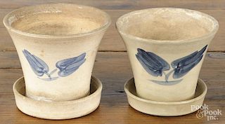 Pair of stoneware flower pots, 19th c., attributed to Fulper Pottery, with cobalt floral decoration