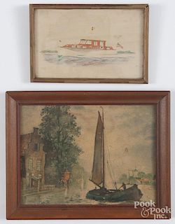 Small watercolor on paper of an American yacht, 20th c., 4'' x 6'', together with a print of a harbor