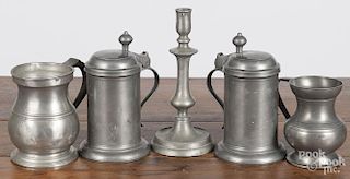 Two Continental pewter tankards, together with two measures, one marked James Yates