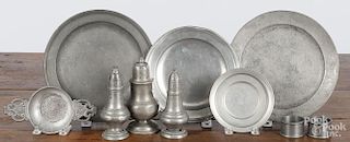 Pewter, 19th/early 20th c., to include a Townsend & Compton plate, a shaker marked P.D., etc.
